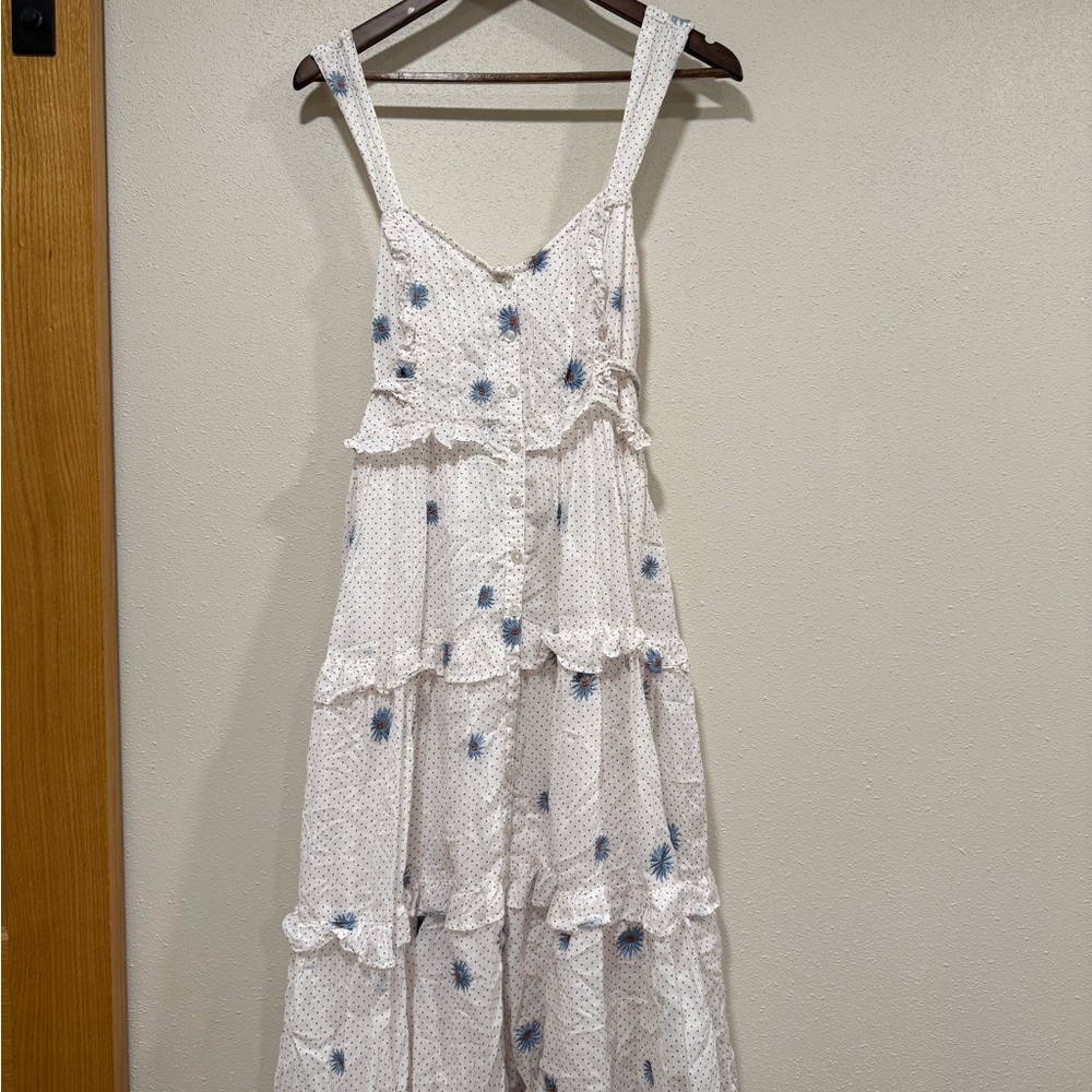 Free People White and Blue Ruffled Tie Front Maxi Dress